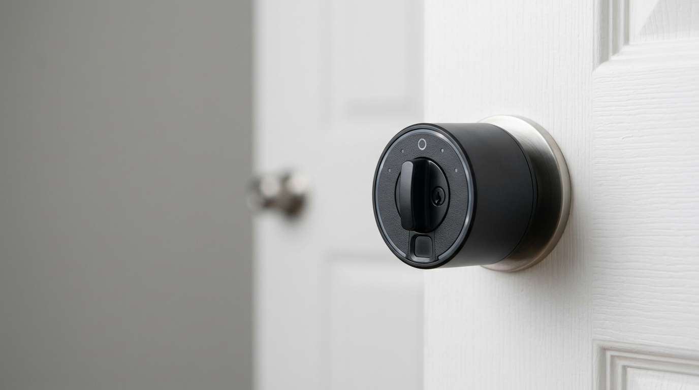 Serrure électronique noire posée sur une porte blanche