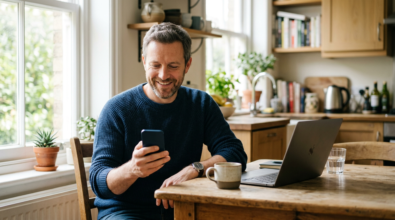 Un propriétaire consulte son téléphone, chez lui, l’air serein
